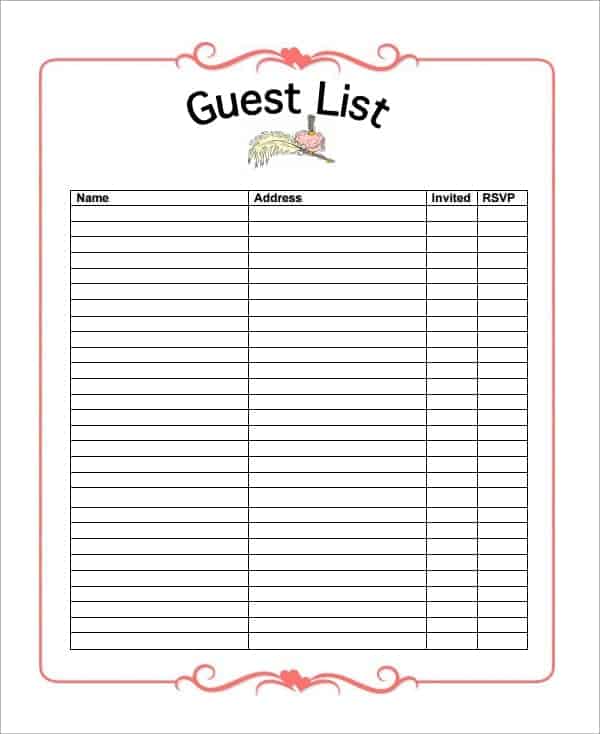 Printable Party Guest List Template Templates Printable Download