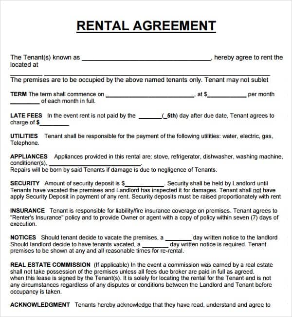 Rental Agreement Template Free Word