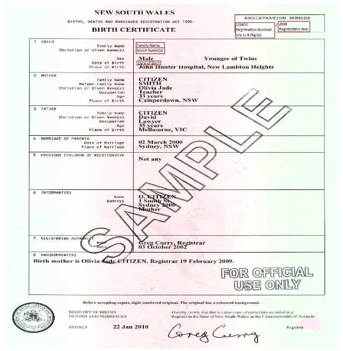 NSW Birth Certificates Post 1952 Current