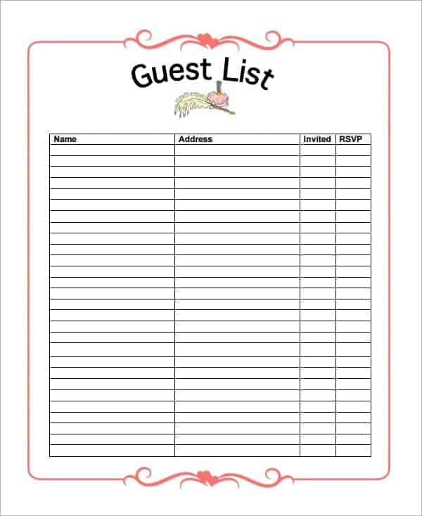 Pdf Printable Guest List Template - Printable World Holiday
