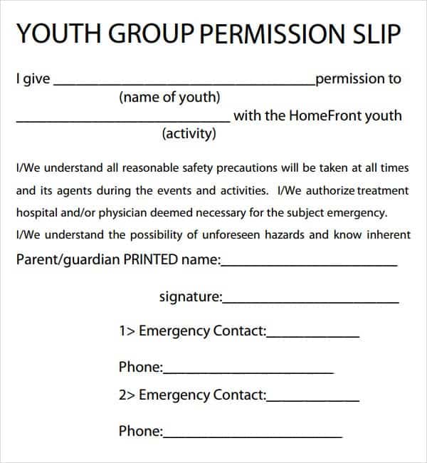 Youth Permission Slip Template
