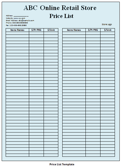 price list template 18